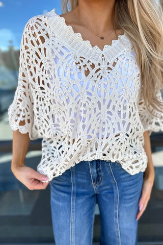 Floral Scalloped Crochet Top Beige