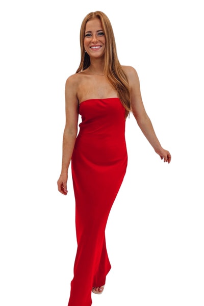 Hollie Satin Strapless Maxi Dress Red