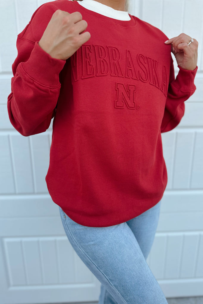 Nebraska Embossed Crewneck Red