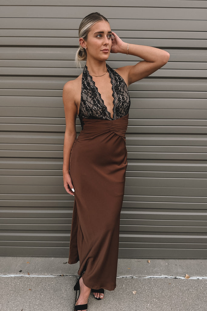 On The Town Lace & Brown Maxi Dress