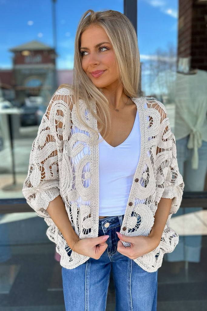 Cotton Swirl Crochet Cardigan Beige